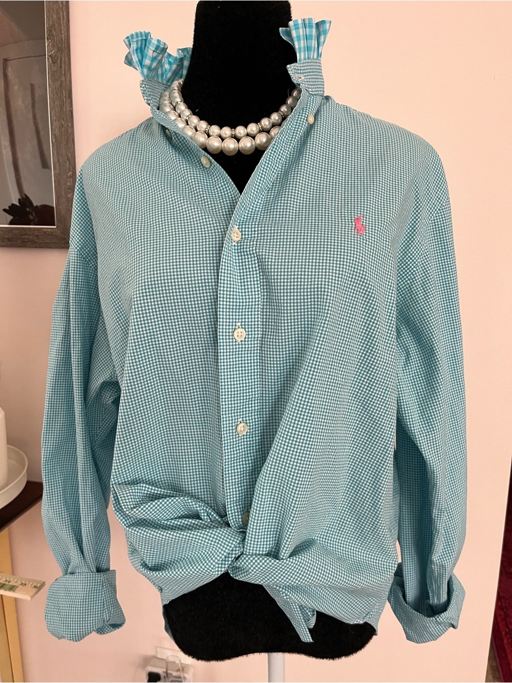 Refashioned Ralph Lauren Teal Gingham Button-Down Ruffle Collar - Picture 2 of 6